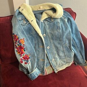Floral sleeve Jean jacket with wool lining